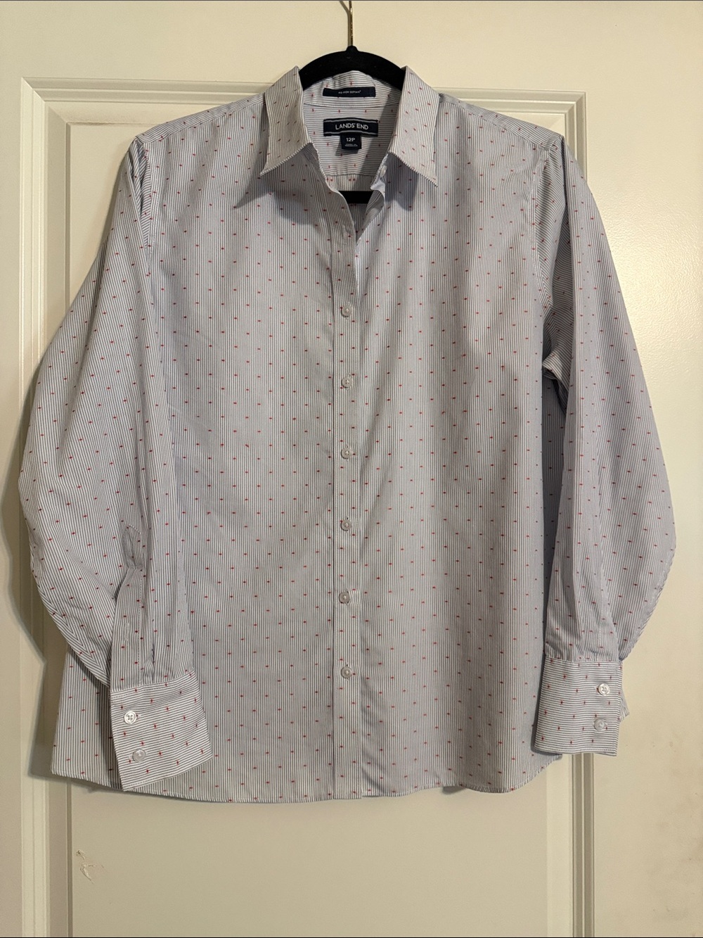 Lands' End 100% Cotton NonIron Women's Blue Pinstripe Shirt with Red Embroidery
